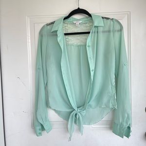 CANDIES Mint Green Silk Chiffon womens Blouse Lace Trim Knotted Long sleeve